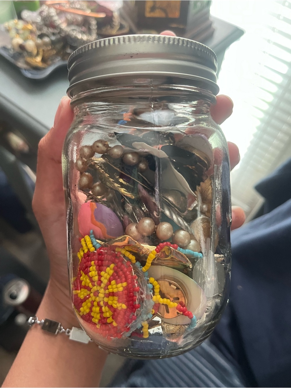 Mixed Jewelry/ brooches Lot in Clear Glass Jar - Multicolor
